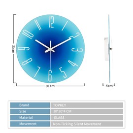Topkey 12 Inch Silent Glass Wall Clock Easy Readable Big Numbers Non Ticking Round Stylish Gradient Modern Decorative Clock for Home Bedroom Living Room Dining Room Kitchen and Office -Blue