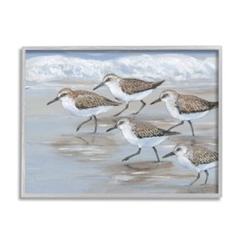 Stupell Industries Sandpiper Bird Flock Marching Beach Coast Waves Grey Framed Wall Art, 14 x 11, Tan