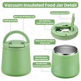 20oz Insulated Vacuum Food Jar with Buckle Lid,Soup Thermo for Hot Food Kids,Wide Mouth Leakproof Stainless Steel Lunch Container with Spoon-Green