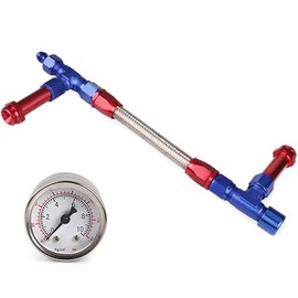 BARTOO Carburetor Dual Feed Fuel Line Kit (With Pressure Gauge,RedBlue, 8 AN)