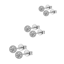 HinDaLi 3 Pairs 925 Sterling Silver Studs Earrings for Women Men Girls Round Stud Earring Cubic Zirconia Women Earrings Studs Cartilage Round Earring Men Silver Sleeper Diamond 5 6 7MM