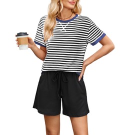 FIOPHY Women's Cozy 2 Piece Outfits Lounge Sets Striped Color Block Short Sleeve Tops Shorts Sweats Track Suits Sweatsuit Set Black&White M