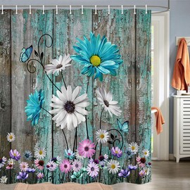 Viajar Rustic Farmhouse Floral Shower Curtain Rustic Farmhouse Daisy Shower Curtain Spring Daisy Shower Curtain Rustic Wooden Shower Curtain Set with Hooks, 72x75 Inch, Green