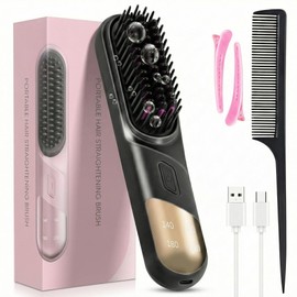 Go Brush Pro,2026 New Cordless Straight Hair Brush, Portable Scald-Proof mini Straight Hair Comb with Three Temperature Settings and LED Display Screen Quickly Heating Travel Hair Brush (Matte Black)