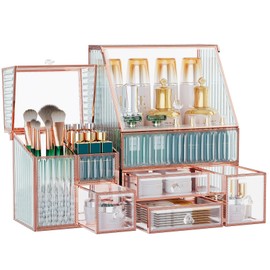 Youdepot Glass Makeup Organizer - Multi-Functional 3-in-1 Cosmetic Organizer for Skincare, Lipstick, Brushes - Vanity Organizer & Bathroom Organizer