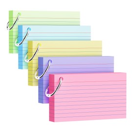 250 Count Index Cards 3x5 Inch with Key Ring, 180gsm Heavy Weight Colored Flash Cards 5 Color Assortment (50 Sheets Each), Note Taking for Students, Teachers, Study Note Cards for Office Home School