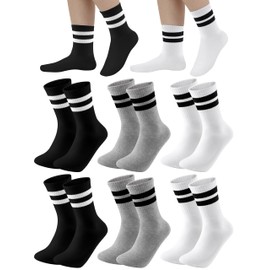 Cooraby 6 Pairs Unisex Kids Crew Socks Boys Girls Athletic Socks with Retro Stripes Soft Cotton Socks Black White Grey