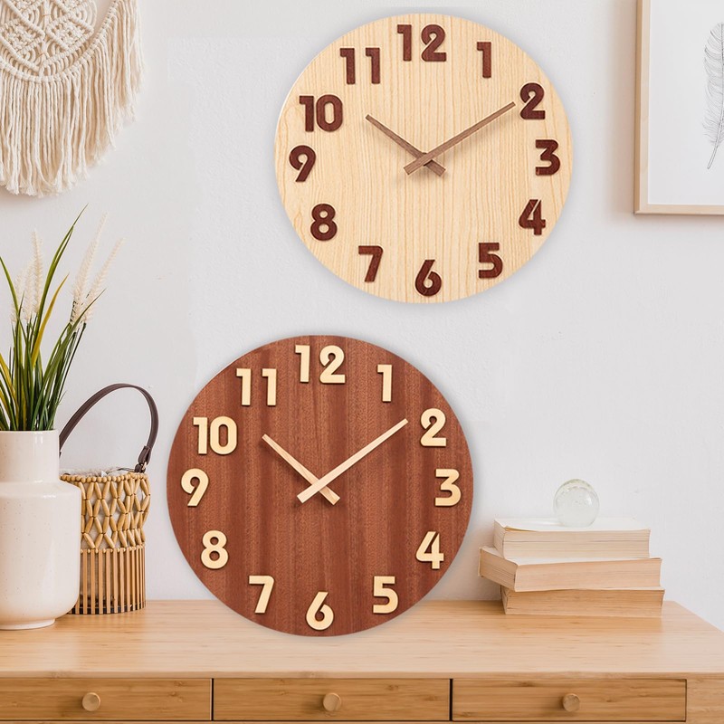 AUTVIVID Wall Clock, Continuous Second Hand, 3D Numbers, Silent, Wood
