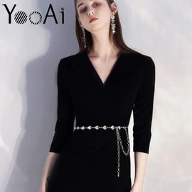 YooAi Chain Belt Rhinestone Waist Chain Metal Body Chain for Dress Silver 105cm