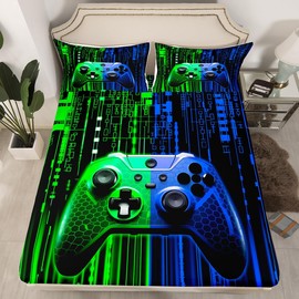 Gamepad Kids Sheet Full Size,Modern Videogame Gaming Controller Bedding Set,Boys Girls Room Decor,Geometric Honeycomb Hexagon Blue Green Fashion Bed Sheet Set 4pcs(Fitted + Flat + 2 Pillowcases)