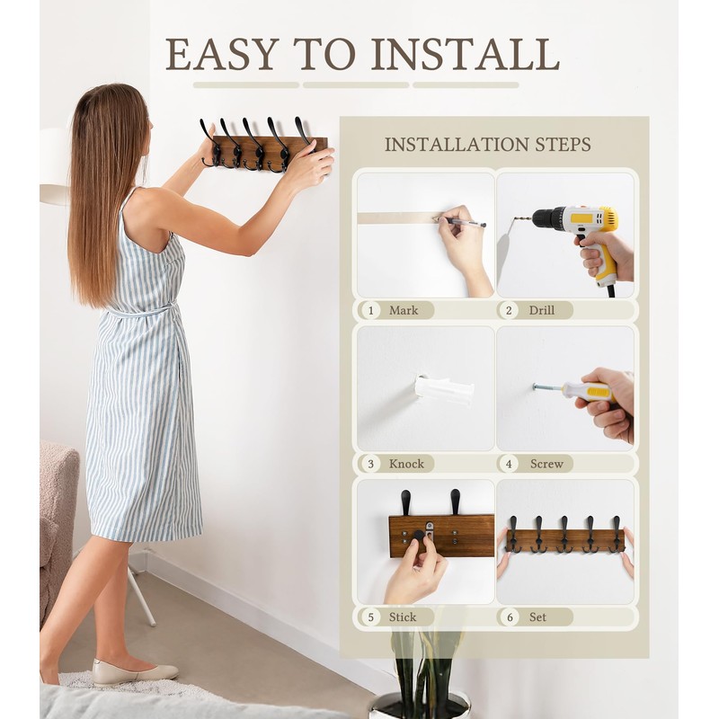 RELBRO Coat Rack Wall Mount, 16.7 Inch Wooden Wall Coat