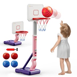 Toddler Basketball Hoop, Adjustable Height 2.3-4.5ft Baby Basketball Goal Set with 4 Balls & Pump, Backyard Poolside Basketball Toy for Boys & Girls Birthday Gift, Pink