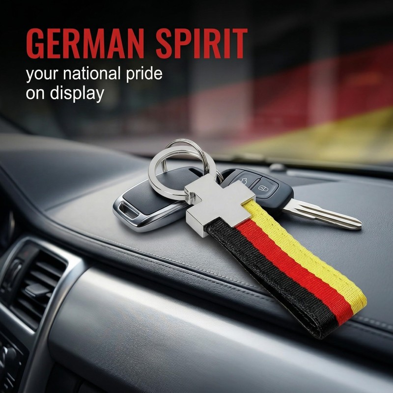 GWEOR Germany Flag Keyring Metal, Black/Red/Gold Nylon Strap, Rustproof &