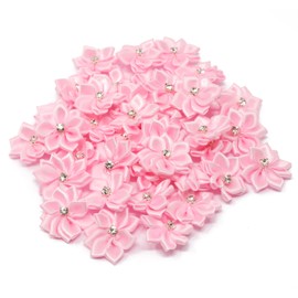 Light Pink 25mm Satin Ribbon Flowers with Rhinestone Diamante Centre, Craft Flowers (10)