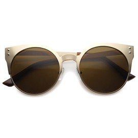 Women's Metal Half Frame Round Cat Eye Sunglasses 50mm (Gold/Brown)