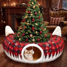 CORALMEE Cat Tunnel Christmas Tree Skirt, 3ft x 3ft x 9.8in Cat Tunnels for Indoor Cats, Buffalo Plaid Peekaboo Cat Tunnel Bed with Hanging Ball, Kitten Toys for Indoor Kittens Puppy Rabbit Ferret
