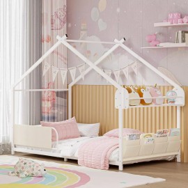 Unbrand New Twin Bed Frames Metal Floor Bed with Storage Rack, White for Kids USA