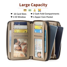 GOIACII Women's Wallet Double Zip Around Credit Card Holder Ladies Wallet Rfid Blocking Wristlet Purse Medium Size Leather Black