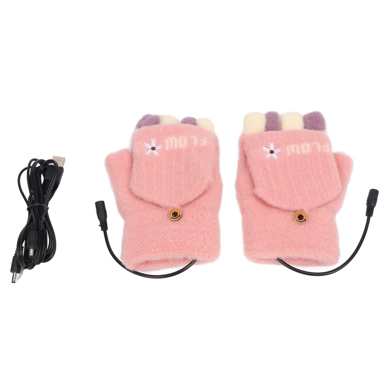USB Heating Winter Gloves Cotton Knit Washable Women USB Fingerless