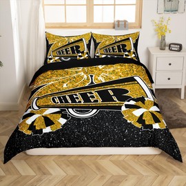 Homewish Cheerleader Duvet Cover 135 x 200 cm Cheerleader Cheer Squad Bedding Set for Girls Bedroom, Glitter Bow Print Comforter Cover Black and Gold Bed Set, Stars Galaxy Bedroom Set