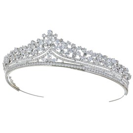 Samky Bridal Wedding Tiara Silver Cubic Zirconium CZ Crystal Crown Bride's Headpiece Hair Accessories for Woman