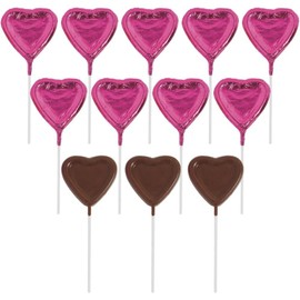 Pink Foil-Wrapped Chocolate Heart Lollipops - (Pack of 12) - Perfect for Weddings, Valentine’s Day & Special Occasions