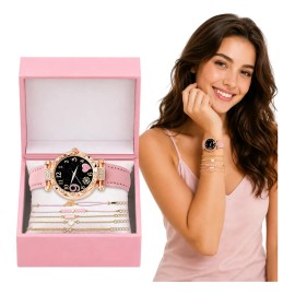 Set Reloj Cuarzo Mujer Correa Piel Rosa + 5 Pulseras Moda
