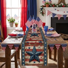 QIONG MENG 4th of July Table Runner Stars Vintage Table Decoration for Home Memorial Day Independence Day Patriotic Retro Indoor Kitchen Dining Party Decor 13x72 Inch