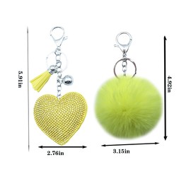 Unpafcxddyig Heart-shaped Keychain Rhinestone Bling with Faux Rabbit Fur Ball pom pom Key Rings for Women,yellow