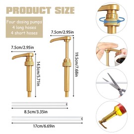 VIDSTW Pack of 4 Dosing Pump Dispenser Reusable with 4 Long Straws and 4 Short Straw Syrup Dispenser Pump Dispenser Syrup for Family, Cafe, Milk Tea Shop, Restaurant (Gold)