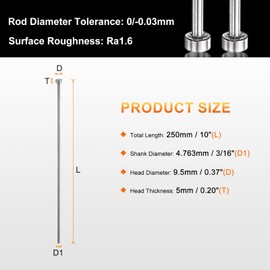 HARFINGTON 2pcs Straight Ejector Pins 3/16" Dia 250mm (10") Long SKD61 Round Tip Punches Steel Ejector Pin Punch for Die Manufacturing Mechanical Maintenance