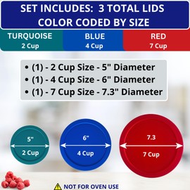 2, 4 & 7 Cup Turquoise, Blue, Red Replacement Lids/Covers for Pyrex, Anchor Hocking & KlareWare Storage Bowls *Lids Only Glass Container Not Included* (3 Pack *One of Each Size*)