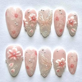 CJDLTS Pink Flower Press on Nails Medium Almond Shaped Artificial Acrylic Nails Gradient 3D Floral with Pearl Design Stick on Nails Full Cover Reusable Coffin Artificial Fingernails for Women Manicure