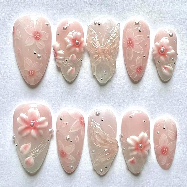 CJDLTS Pink Flower Press on Nails Medium Almond Shaped Artificial