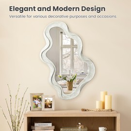 Glitzhome 32''H Irregular Wall Mirror, Wash White Asymmetrical Bathroom Mirror, Wood Frame Decorative Vanity Mirrors for Bedroom Living Room Entryway