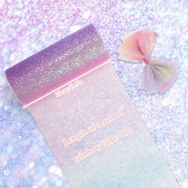 6 Inch x 20 Yards Rainbow Gradient Glitter Tulle Roll, 2 Rolls Soft Coloured Gradient Glitter Netting Fabric Tulle Ribbon Fabric for Wedding Party Decoration Tutu Skirt Gift (10Yard/Roll)