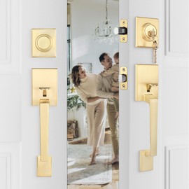 Haidms Gold Double Door Door Lock Set, Heavy Duty Double Door Handle with Deadbolt and Dummy, Double Front Door Hardware Set with Reversible Handle Lever