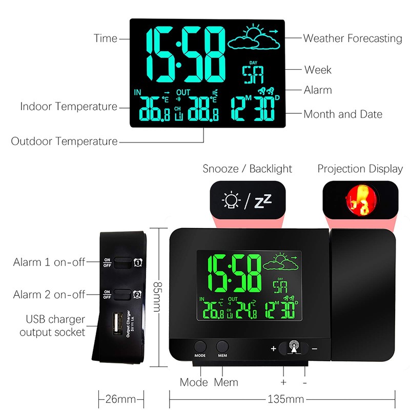 ALLOMN Digital Projection Alarm Clock, Indoor Outdoor Temperature, Weather Forecast,