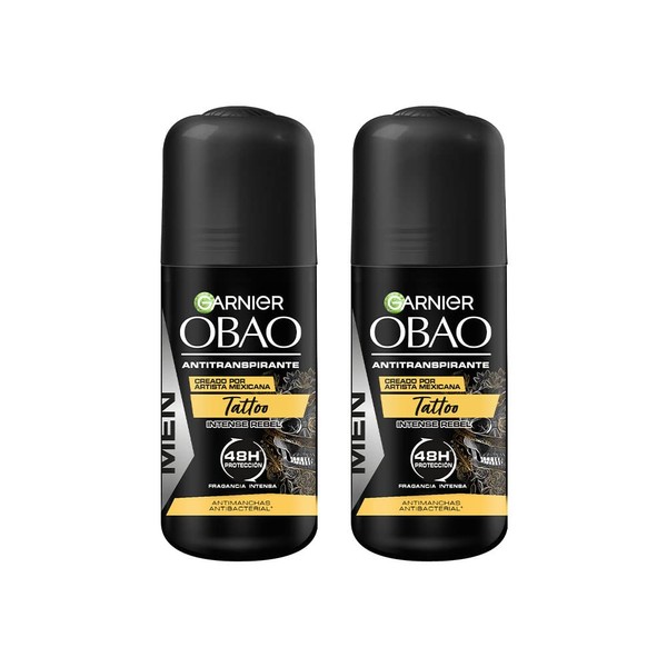 Garnier Desodorante Roll on Antitranspirante para Hombre Obao Tattoo 2.0 antimanchas y antibacterial 65gr, 2 pack