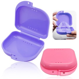 2-Pack orthodontische Zahnhalter Case Box - Belüftete, sichere Snap-Lock-Verschluss, Multi-Use-Lagerbehälter für Zahnprothesen, Mundschutz, Retainers, Aligner, orthodontische Geräte (rosa, lila)