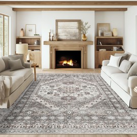 befbee 9x12 Area Rug,Ultra-Thin Washable Rugs for Living Room,Non-Slip Lightweight Foldable Area Rug,Stain Resistant Vintage Large Rugs (Brown/Beige,9'x12')