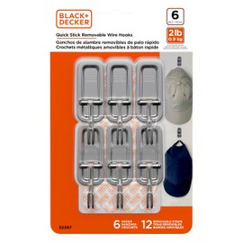 BLACK+DECKER Wire Toggle Wall Hooks, Quick Stick Adhesive, Removeable, 6 Wall Hooks, 12 Adhesive Strips, Hang Decorations Without Damaging Walls, up to 2 lbs., Chrome