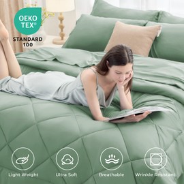 HEVUMYI Light Green Cali-King Comforter Set - 7-Piece All Season Bed in a Bag Cali-King, Ultra Soft Bedding Set with Comforter, Flat Sheet, Fitted Sheet, Pillowcases, Pillow Shams