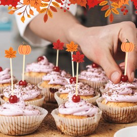 AWCIGG® Pack of 100 Pumpkin Maple Leaf Cocktail Picks, Wooden Cocktail Toothpicks, Long Cocktail Picks, Autumn Thanksgiving Party Picks, Cocktail Sticks for Food & Drink Decoration