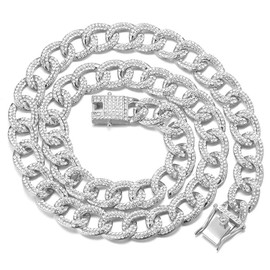 Halukakah Cuban Chain for Men Iced Out, 14 mm Oval 18 Carat Real Gold Plated/Platinum White Gold Necklace, Laboratory Diamonds Hand Inlaid, Gift for Him, Brass, No Gemstone