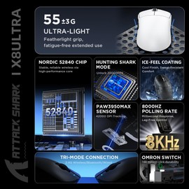 MAMBASNAKE x Attack Shark X8ULTRA 8000Hz Wireless Gaming Mouse, 42000 DPI, PAW3950MAX Sensor, Nordic 52840 MCU, 55g Superlight, Bluetooth/2.4G/Wired Gamer Mice, for Win 11/PC/Mac, White