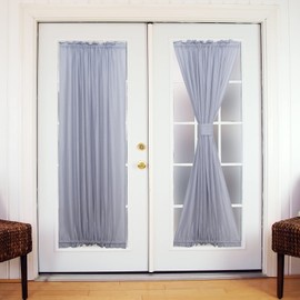 RLoncomix Grey Sheer French Door Curtains 40 Inches Length Lace Weave Semi Sheer Curtain Patio Sidelight Window Voile Drapes for Metal Glass Door with Tieback, 2 Pieces