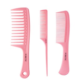 Foretic Hair Comb 3-in-1 Plastic Hair Comb Set For Women, Men - Wide Tooth, Rat Tail, and Regular Tooth Detangling Hair Combs for All Hair Types-Pink