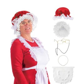 PROMOTED TO BIG SISTER 5 Pcs Christmas Old Lady Santa Costume Mrs.Claus for Women Granny Cosplay Grandma Xmas Dress Up Party (One Size)