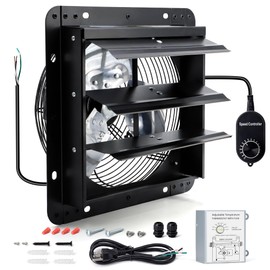 Hipoilk 12 Inch Wall Mounted Shutter Exhaust Fan with Thermostat and Speed Controller for Attic, Greenhouse, Shed, Garage, Chicken Coop, Shop, Barn Ventilation, 970 CFM Louvered Vent Fan, Black